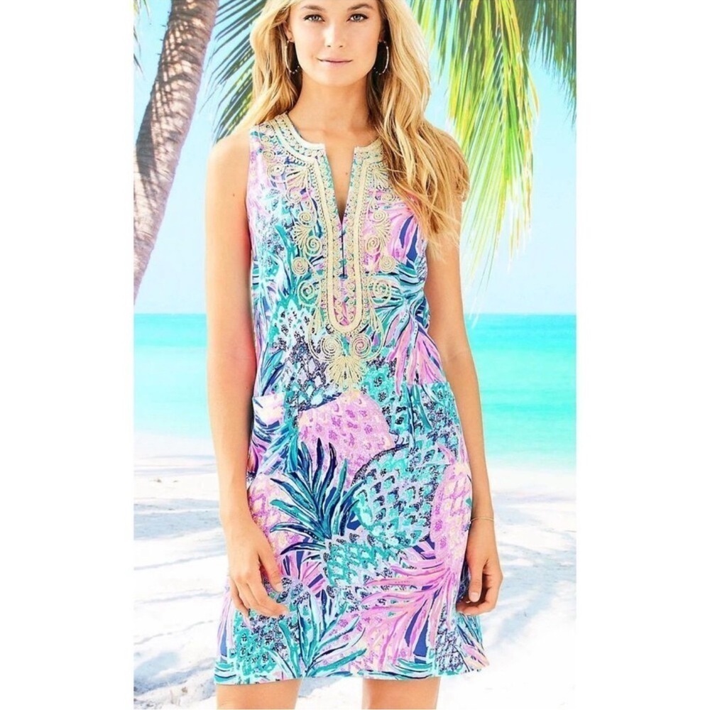 Lilly Pulitzer Pink Gold Cording Carlotta Gypset Paradise Stretch Shift Dress